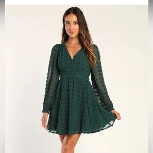 Lulus Always on Repeat Emerald Green Clip Dot Long Sleeve Mini Dress